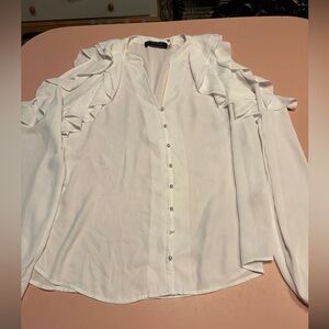 Ivanka Trump White Ruffle Open Shoulder Blouse